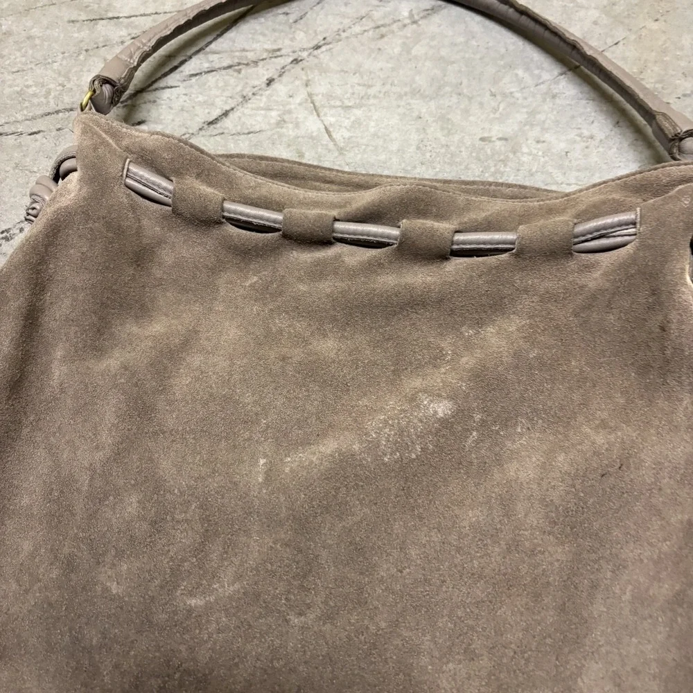 Clare V. Suede Hobo Cinch Drawstring Bag Purse Slouchy Leather Taupe Brown Tan